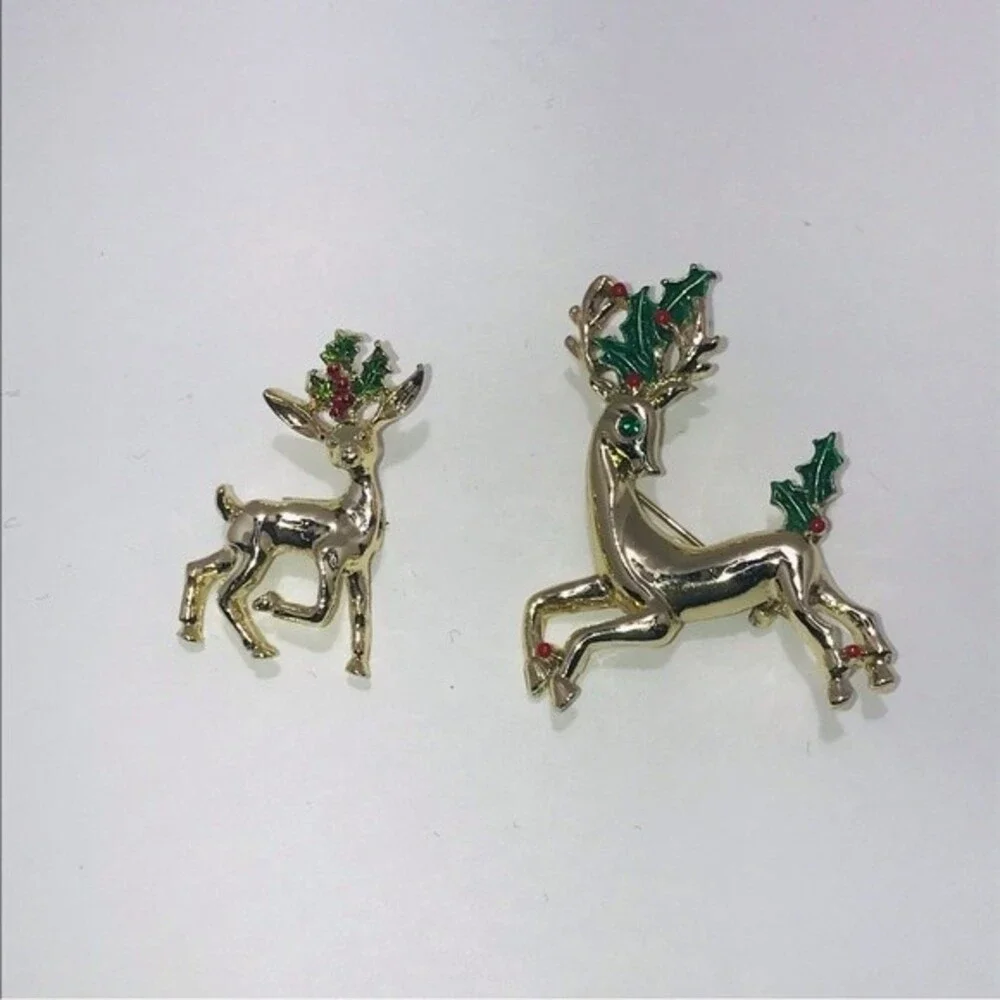 Vintage Gerry's Reindeer Gold tone Enamel Brooch Pins Costume Jewelry Set of 2